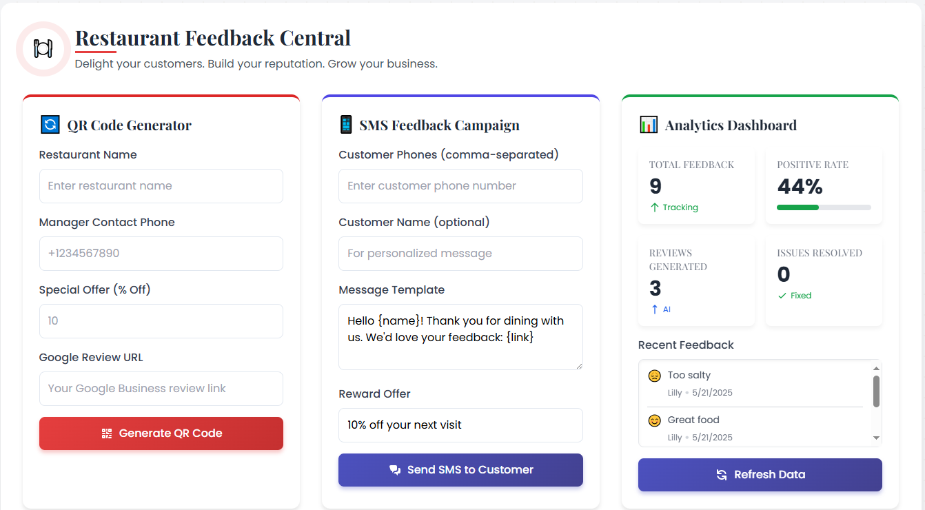 Restaurant Feedback Central Website Demo